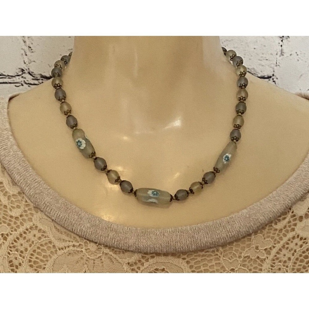 Vintage‎ Blue Smoke 17.5" Frosted Glass Millefiori Hand Knitted Beaded Necklace